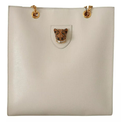  - White Crystal Leopard Head Leather JUNGLE Tote Bag