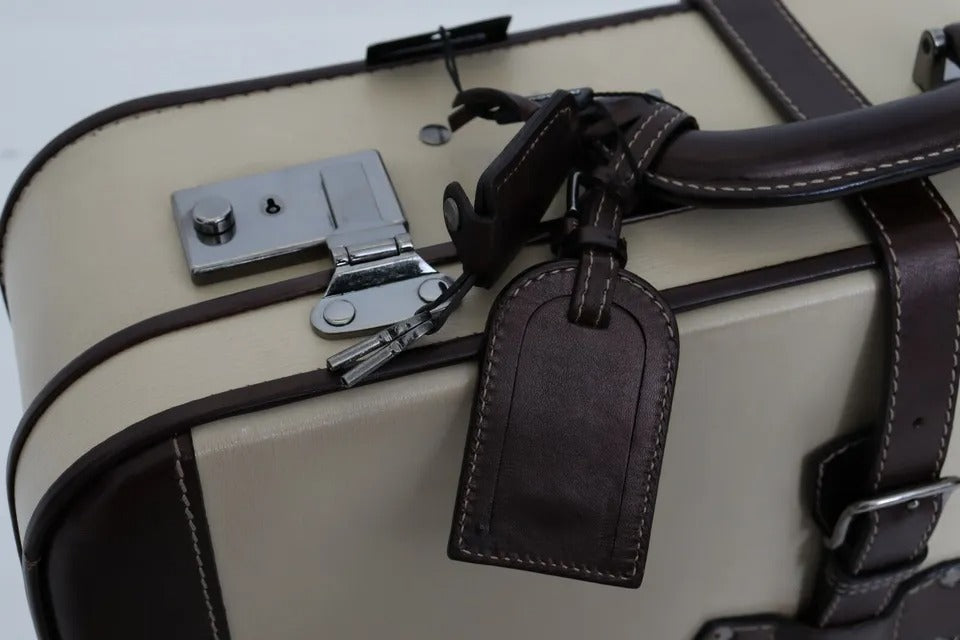  - Brown Beige Leather Mens Travel Suitcase Luggage Bag