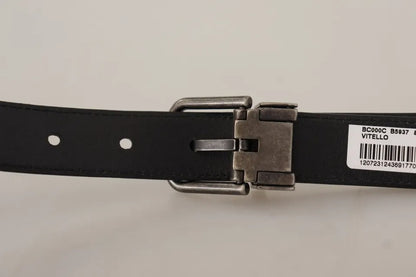 Black Calf Leather Vintage Logo Metal Buckle Belt - The Luxe Alliance