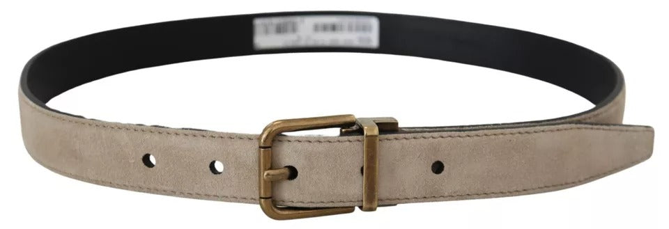 Beige Velvet Leather Gold Tone Metal Buckle Belt - The Luxe Alliance