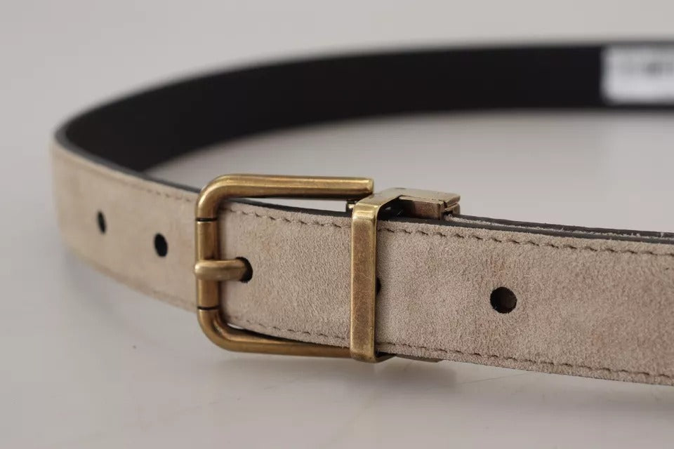 Beige Velvet Leather Gold Tone Metal Buckle Belt - The Luxe Alliance