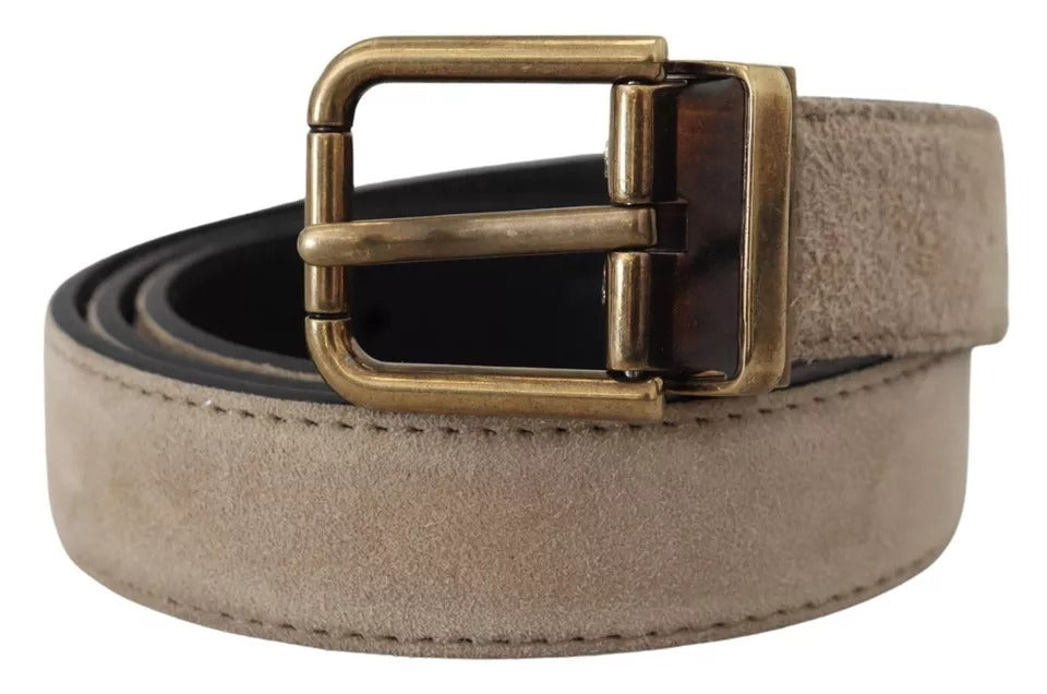 Beige Velvet Leather Gold Tone Metal Buckle Belt - The Luxe Alliance