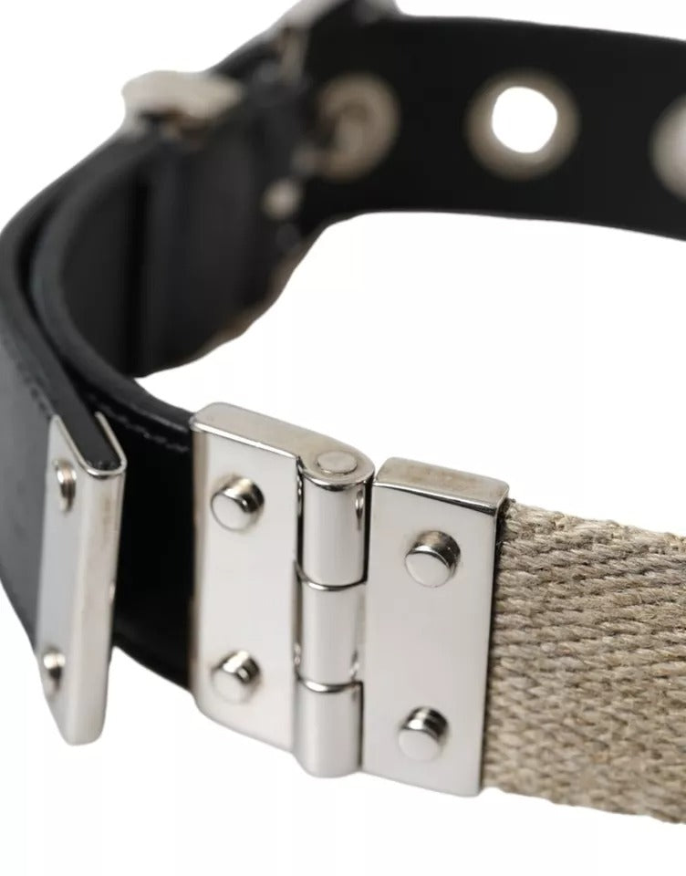 Black Leather Beige Strap Silver Metal Buckle Belt - The Luxe Alliance