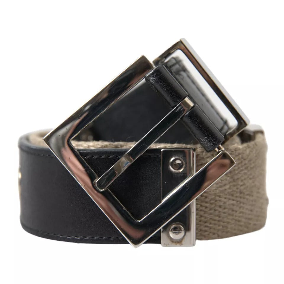 Black Leather Beige Strap Silver Metal Buckle Belt - The Luxe Alliance