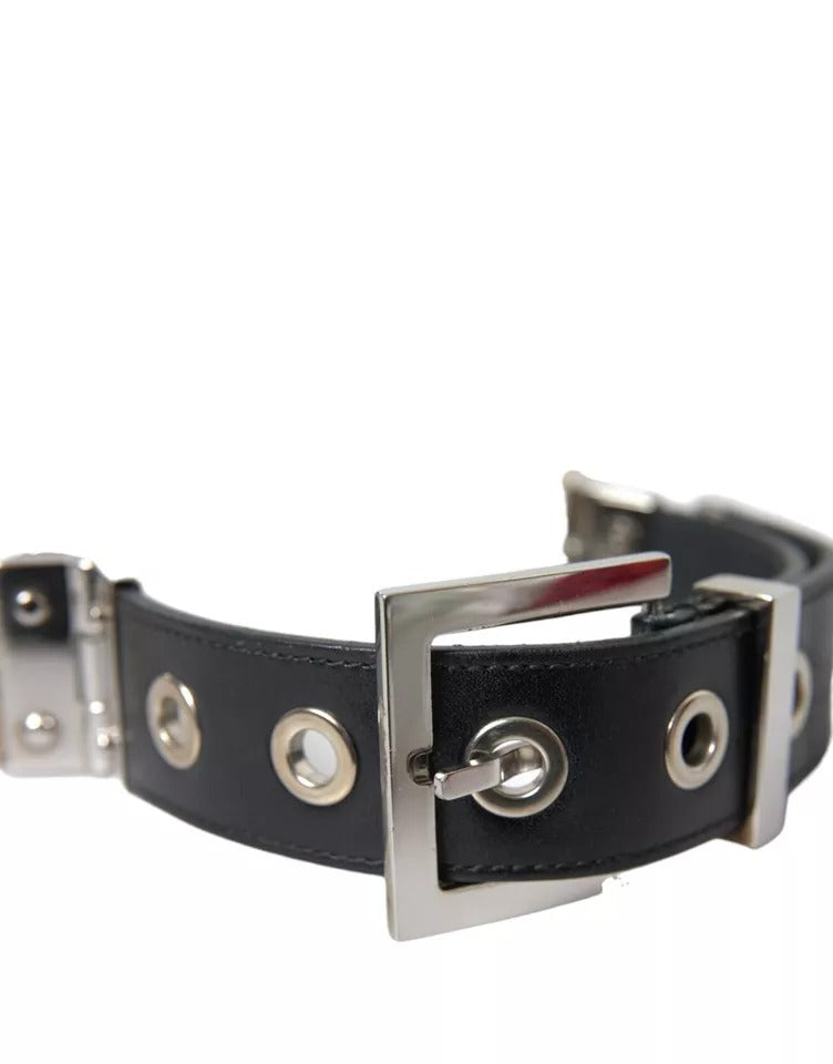 Black Leather Beige Strap Silver Metal Buckle Belt - The Luxe Alliance