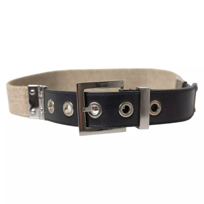 Black Leather Beige Strap Silver Metal Buckle Belt - The Luxe Alliance