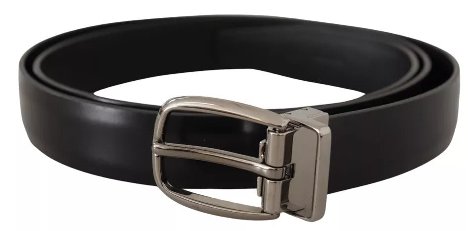  - Black Classic Leather Chrome Metal Buckle Belt