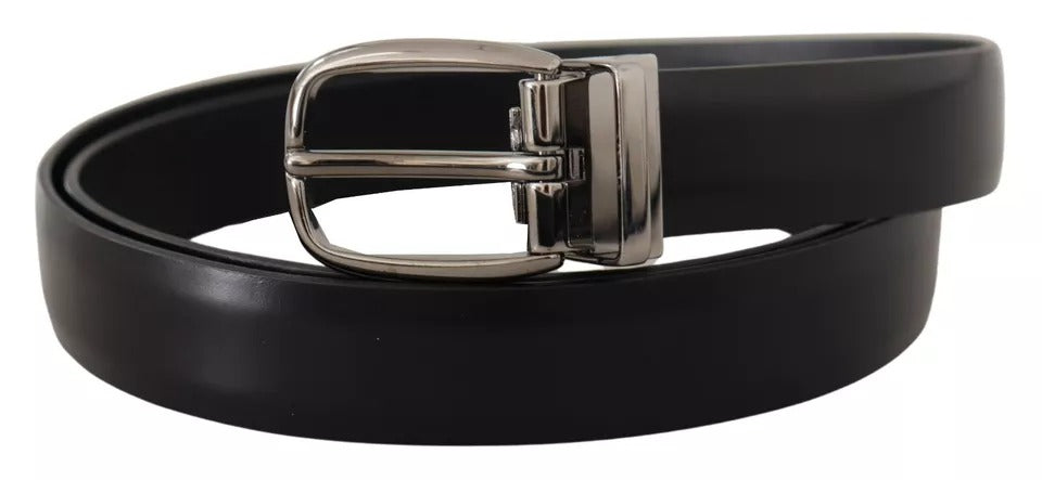  - Black Classic Leather Chrome Metal Buckle Belt