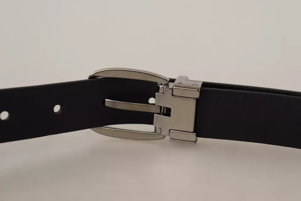  - Black Classic Leather Chrome Metal Buckle Belt