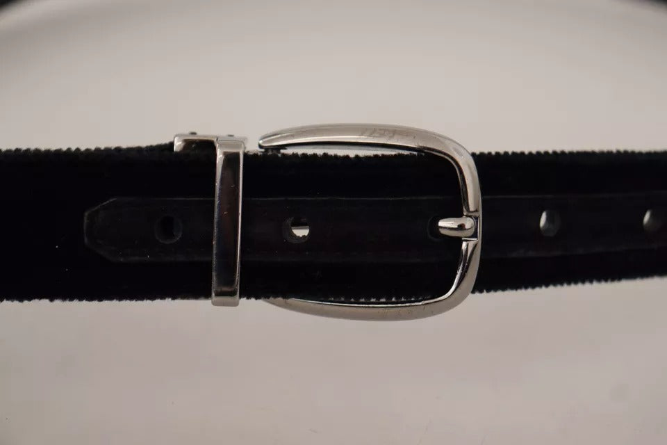 Black Velvet Silver Tone Metal Logo Buckle Belt - The Luxe Alliance