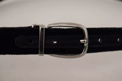 Black Velvet Silver Tone Metal Logo Buckle Belt - The Luxe Alliance