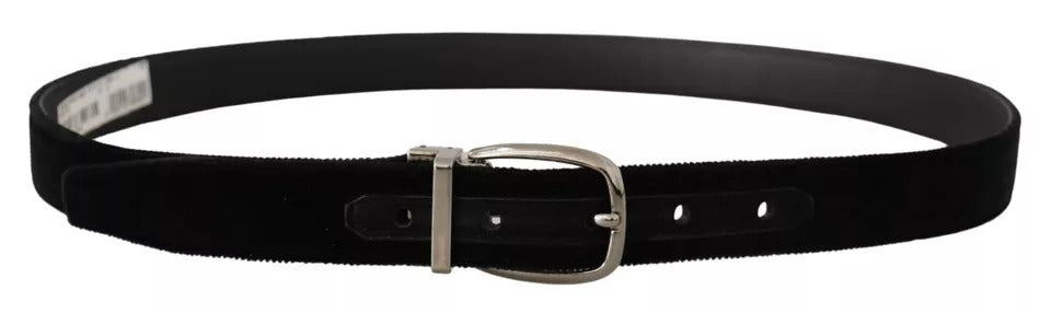 Black Velvet Silver Tone Metal Logo Buckle Belt - The Luxe Alliance