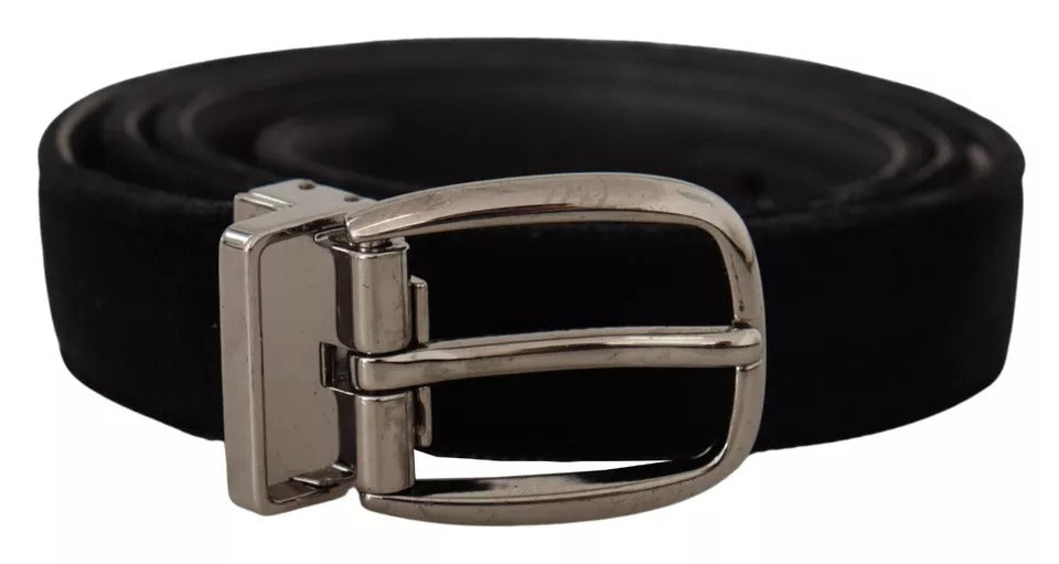 Black Velvet Silver Tone Metal Logo Buckle Belt - The Luxe Alliance