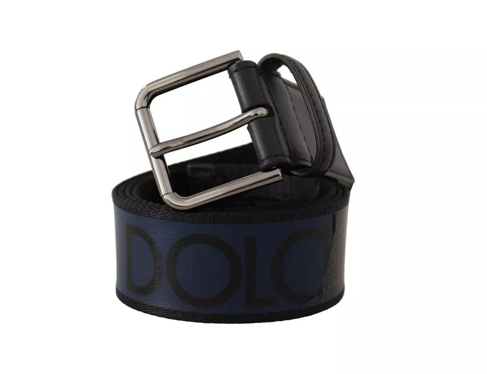 Blue Black Logo Print Silver Buckle Belt - The Luxe Alliance