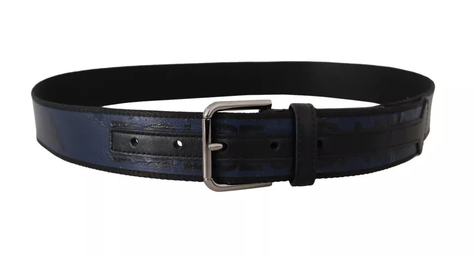 Blue Black Logo Print Silver Buckle Belt