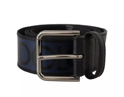 Blue Black Logo Print Silver Buckle Belt - The Luxe Alliance