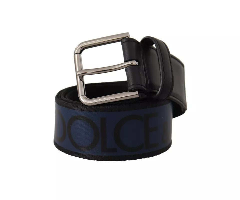 Blue Black Logo Print Silver Buckle Belt - The Luxe Alliance