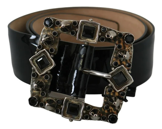 Black Shiny Leather Crystal Logo Buckle Belt - The Luxe Alliance