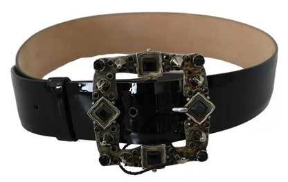 Black Shiny Leather Crystal Logo Buckle Belt - The Luxe Alliance