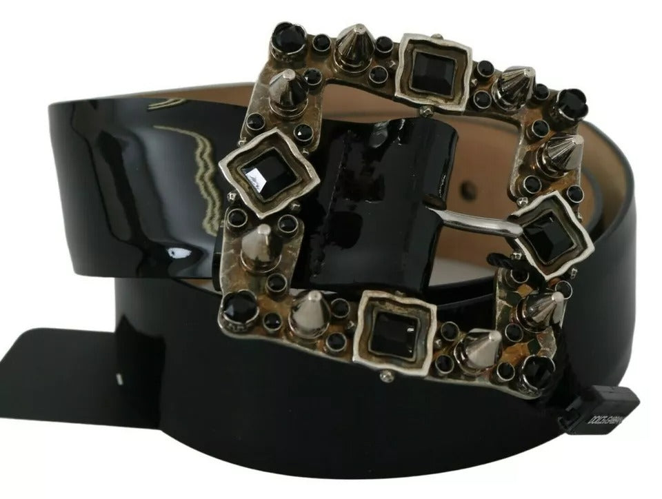 Black Shiny Leather Crystal Logo Buckle Belt - The Luxe Alliance