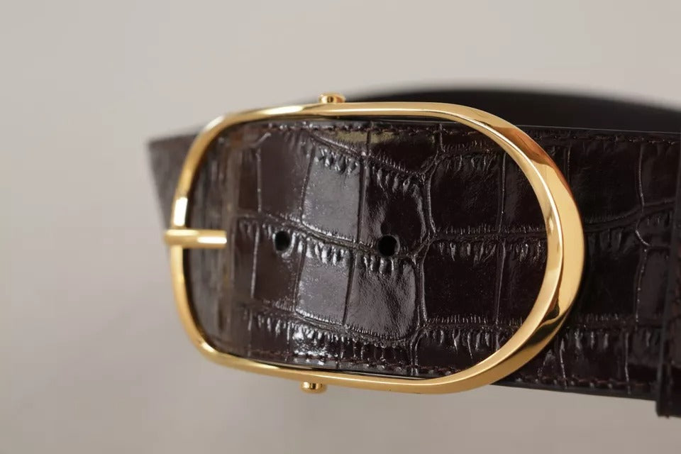  - Brown Crocodile Pattern Leather Gold Oval Buckle Belt