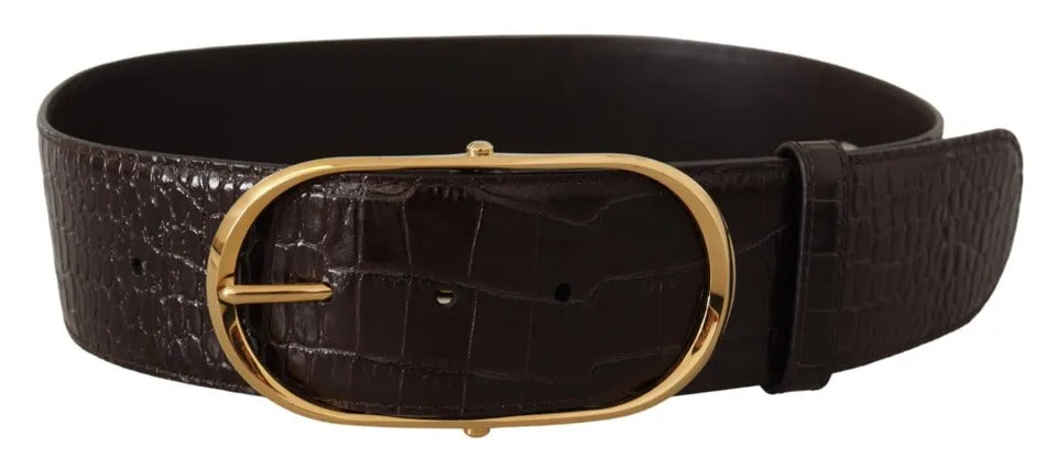  - Brown Crocodile Pattern Leather Gold Oval Buckle Belt