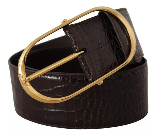  - Brown Crocodile Pattern Leather Gold Oval Buckle Belt