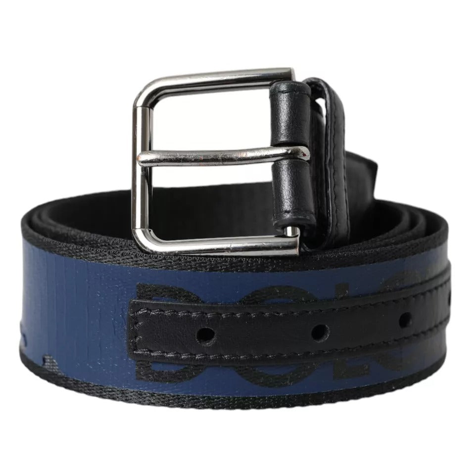  - Blue Leather Logo Print Metal Buckle Men Belt