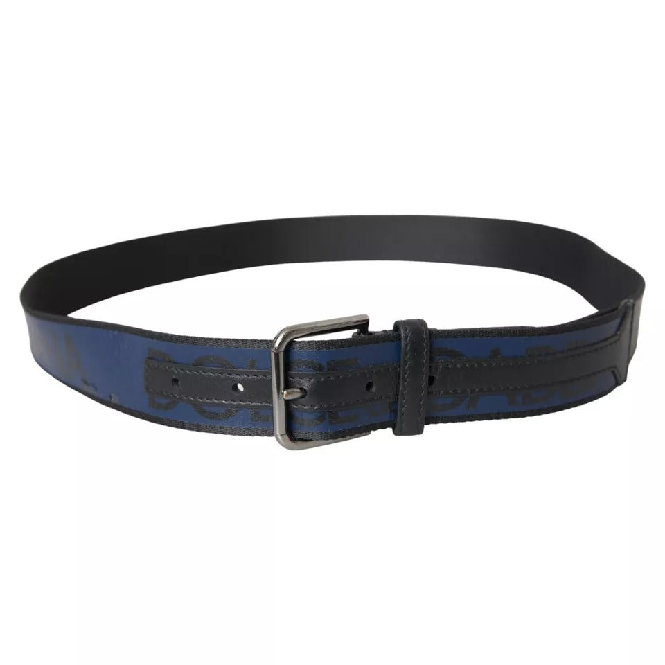  - Blue Leather Logo Print Metal Buckle Men Belt