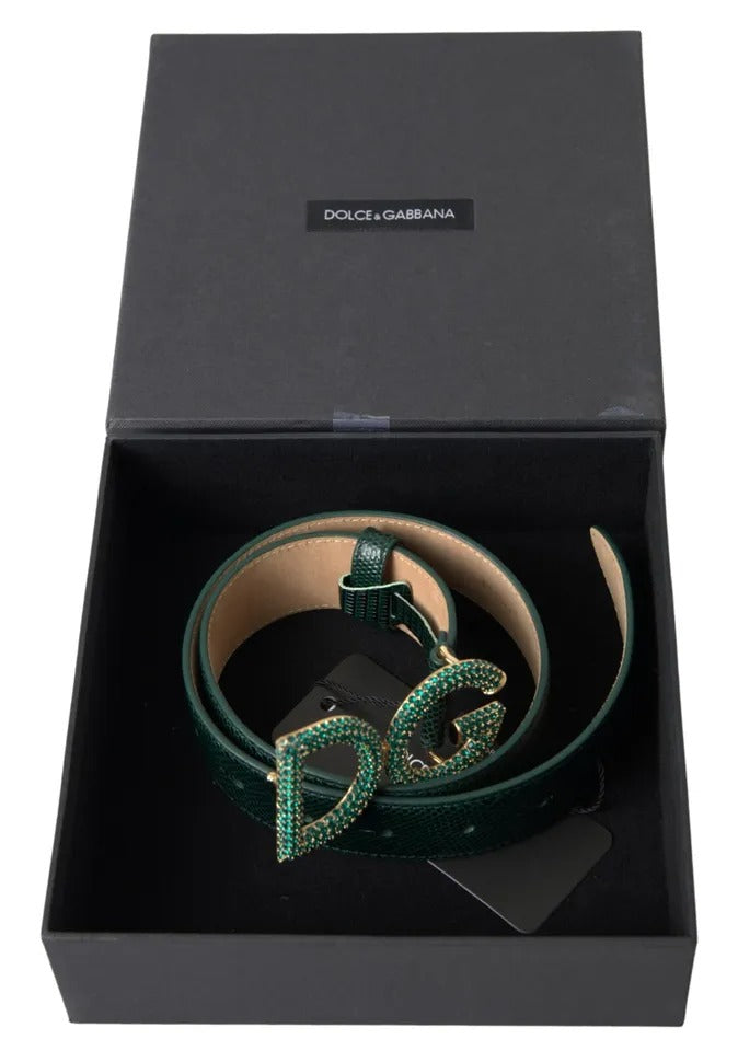 Green Iguana Leather DG Crystal Gold Buckle Belt