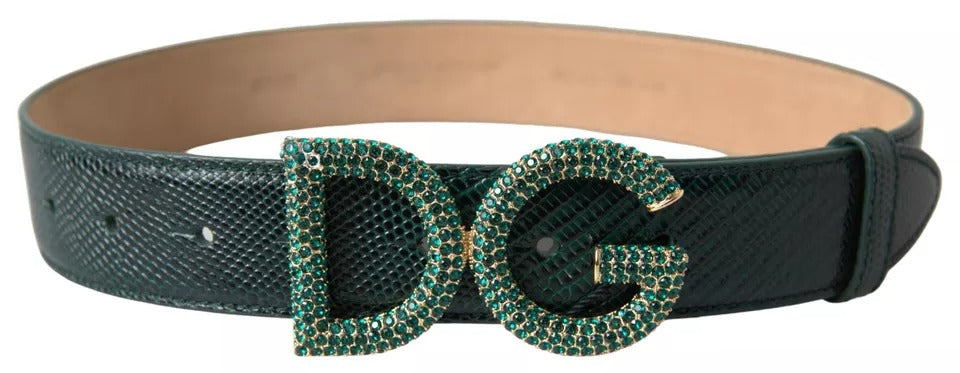 Green Iguana Leather DG Crystal Gold Buckle Belt