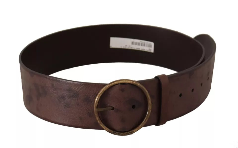  - Dark Brown Wide Calf Leather Logo Round Buckle Belt