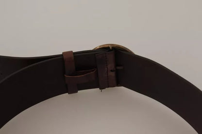  - Dark Brown Wide Calf Leather Logo Round Buckle Belt