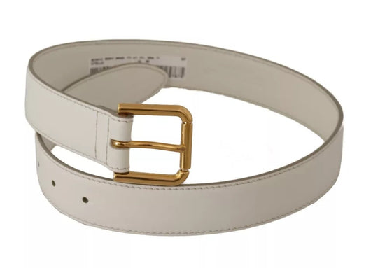  - White Leather Gold Logo Engraved Metal Buckle Belt