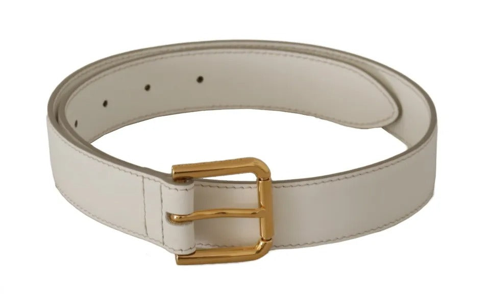  - White Leather Gold Logo Engraved Metal Buckle Belt