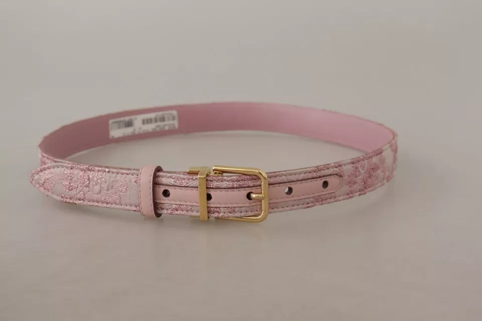  - Pink Jaquard Embroidered Gold Tone Metal Buckle Belt