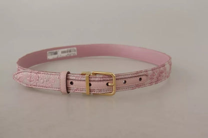  - Pink Jaquard Embroidered Gold Tone Metal Buckle Belt