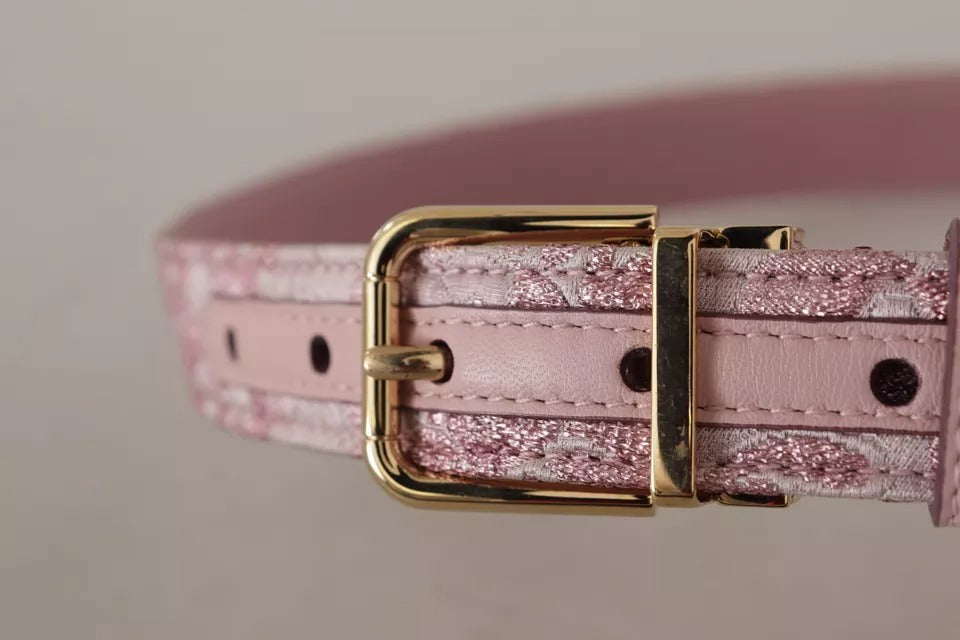  - Pink Jaquard Embroidered Gold Tone Metal Buckle Belt