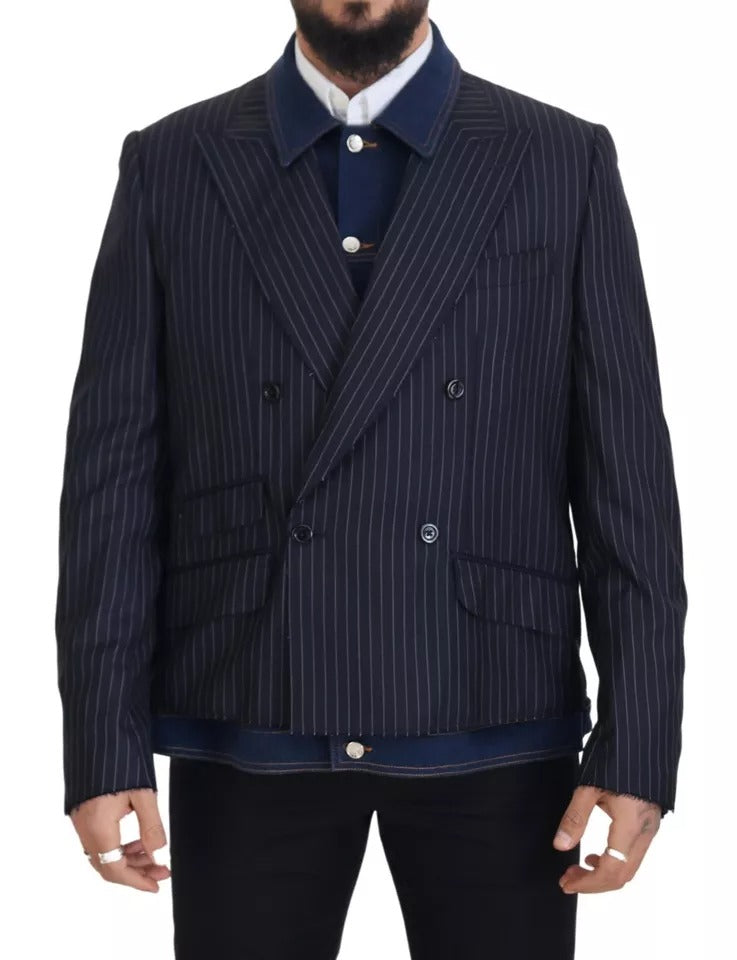  - Blue Striped Double Breasted Denim Blazer