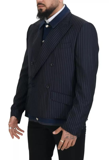  - Blue Striped Double Breasted Denim Blazer