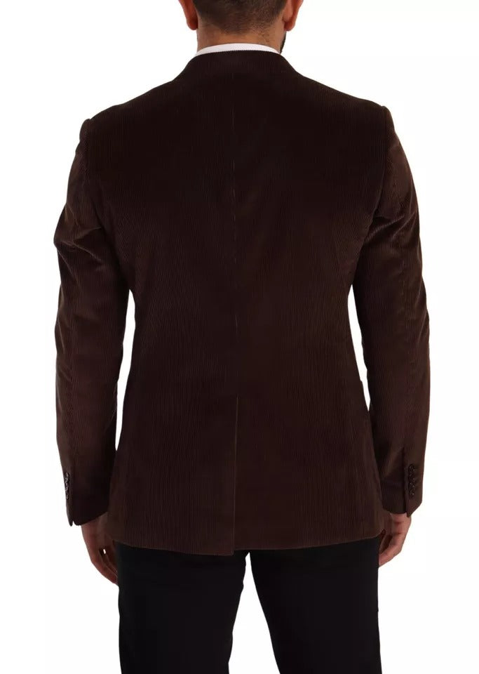 Brown Corduroy Slim Fit Coat with DG Logo Blazer by Dolce & Gabbana
