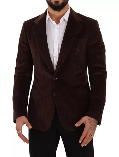 Brown Corduroy Slim Fit Coat with DG Logo Blazer by Dolce & Gabbana