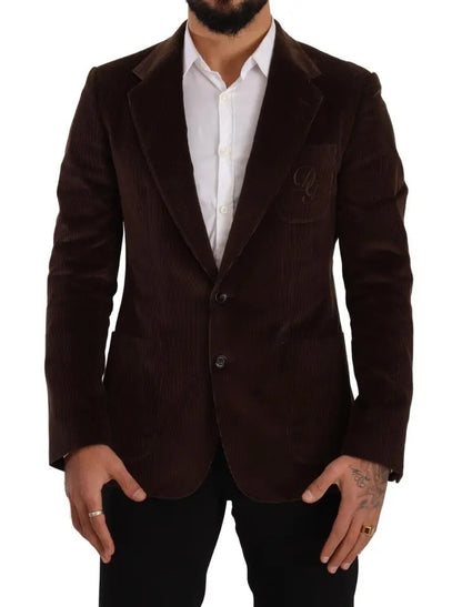 Brown Corduroy Slim Fit Coat with DG Logo Blazer by Dolce & Gabbana