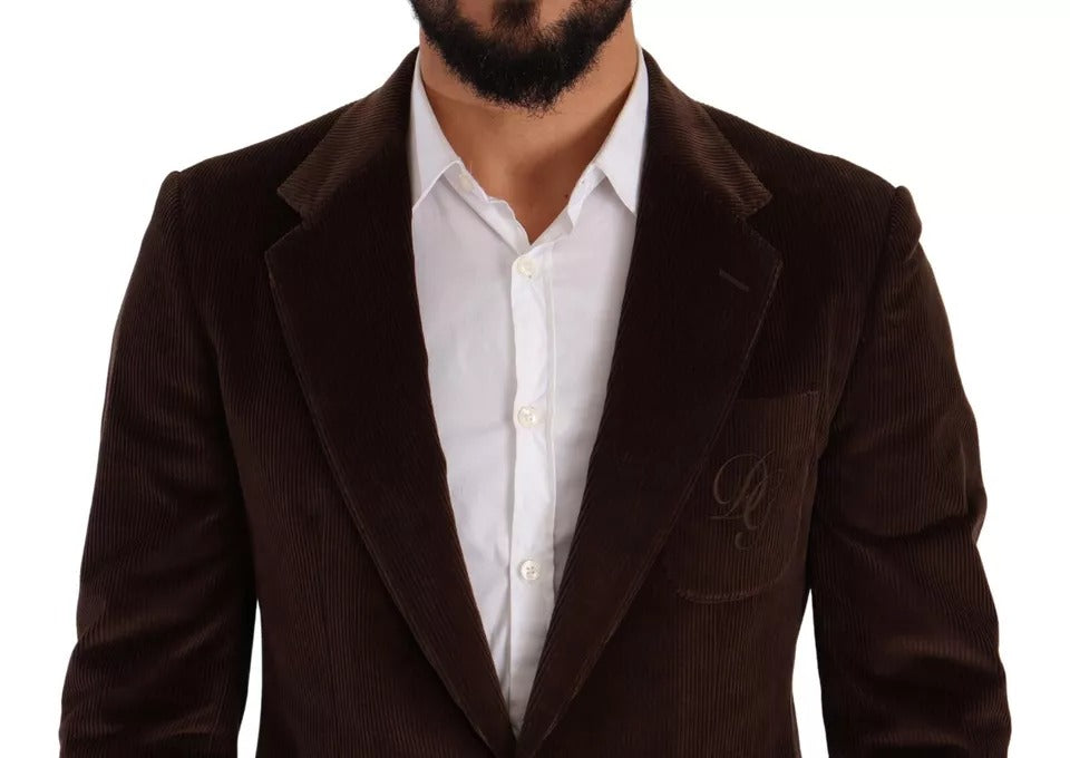 Brown Corduroy Slim Fit Coat with DG Logo Blazer by Dolce & Gabbana