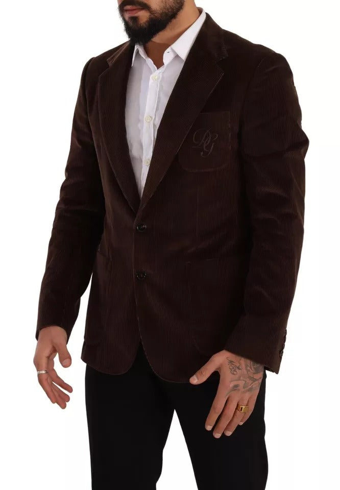 Brown Corduroy Slim Fit Coat with DG Logo Blazer by Dolce & Gabbana