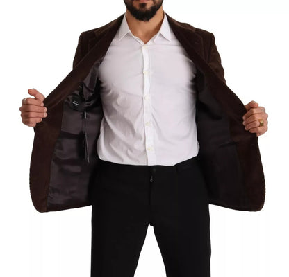 Brown Corduroy Slim Fit Coat with DG Logo Blazer by Dolce & Gabbana