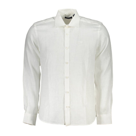  - Elegant White Linen Long-Sleeved Shirt