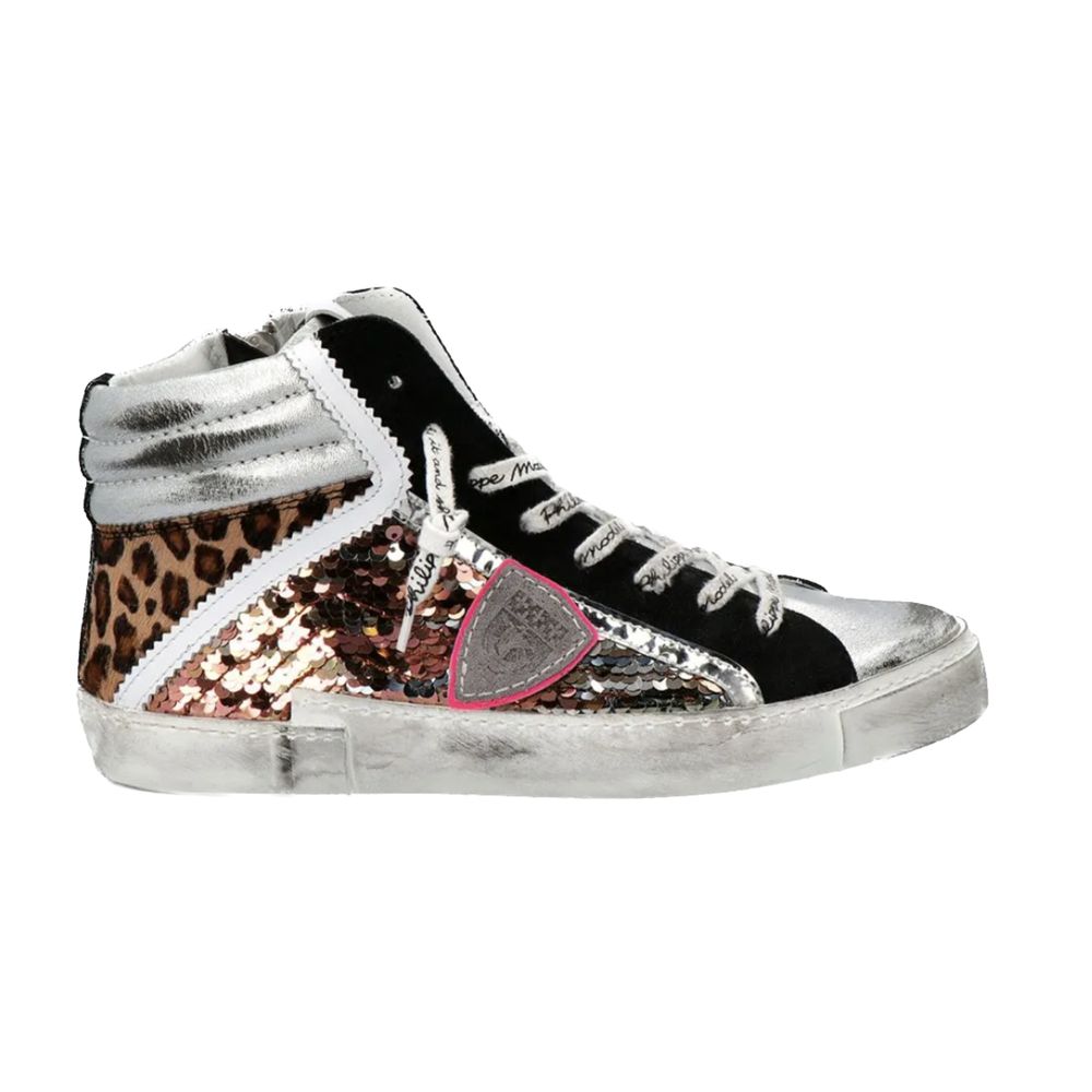  - Funky Grey Black Leather Sneakers with Leopard and Sequin Details