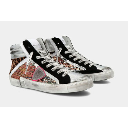  - Funky Grey Black Leather Sneakers with Leopard and Sequin Details