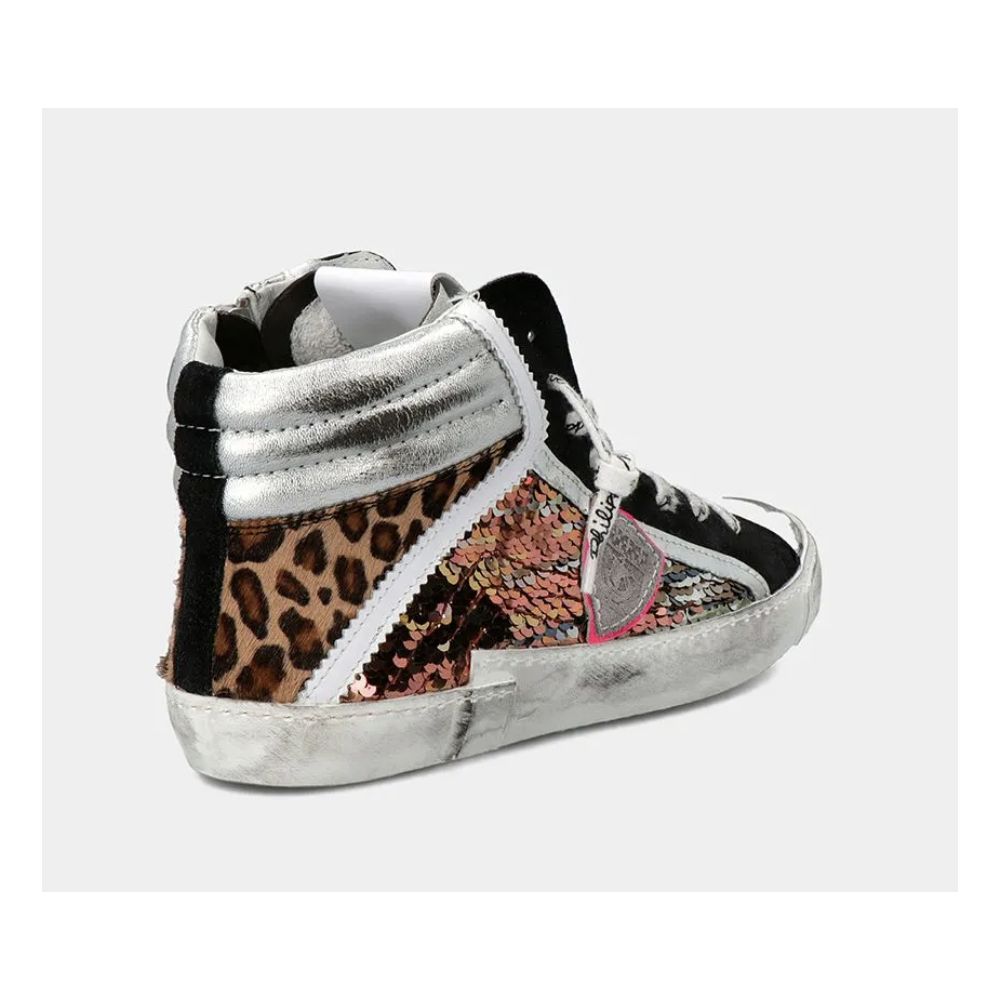  - Funky Grey Black Leather Sneakers with Leopard and Sequin Details